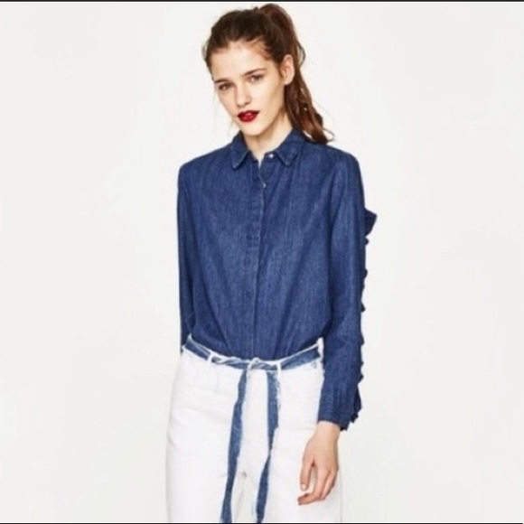 Zara Tops Zara Denim Raw Edge Ruffle Button Down Top Poshmark